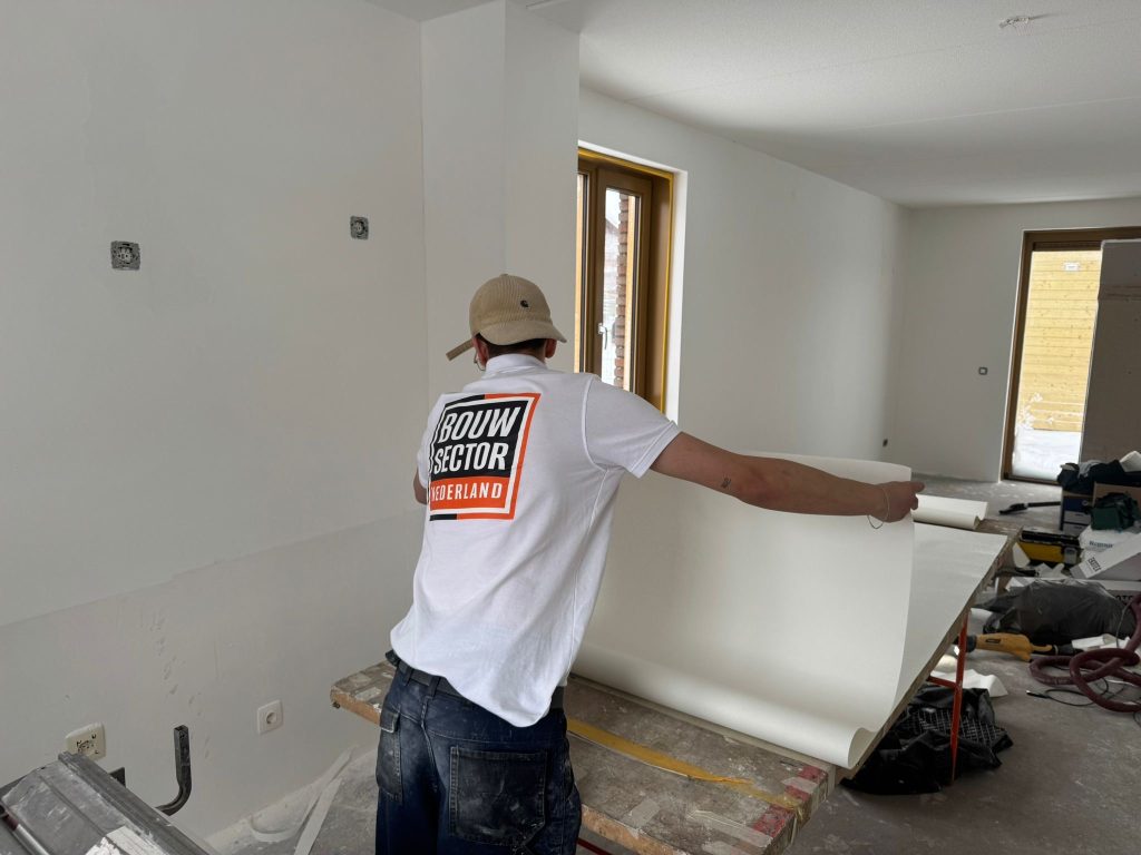 Vakman van Bouwsector Nederland houdt een baan renovlies op de plaktafel voordat hij hem aan de muur hangt